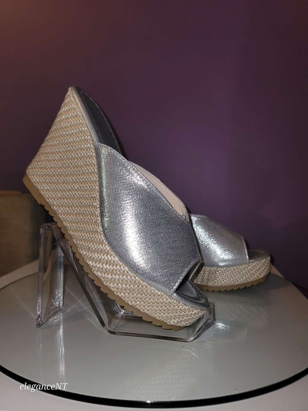 Silver Wedge Slide Sandals  Metallic Espadrille Wedges Sz: 8.5 (39) NWOT - Picture 6 of 9